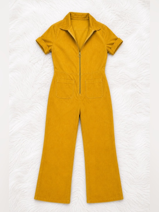 Pants - Mustard Yellow Zip Front Jumpsuit Medium | Retro Chic Utility Romper Flare Leg